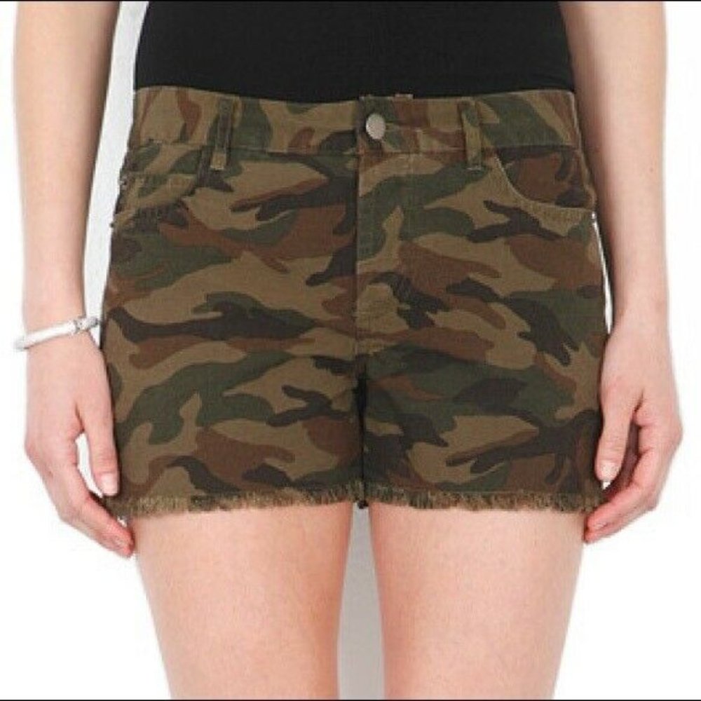 Haute Hippie Jean Camo Shorts‎ Cotton Button Fly Raw Hem Pockets Green Women 27